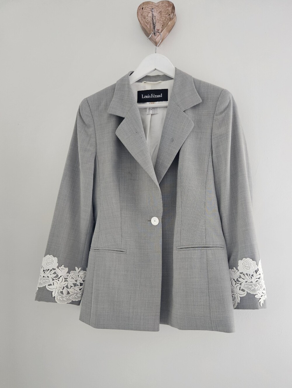 Louis Ferraud Vintage Grey Lattice Accent Wool Viscose One Button Blazer